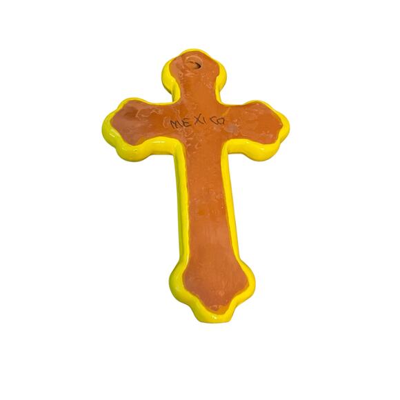 Ceramic CROSS Yellow Colorful High Gloss with Flowers Mexican Folk Wall Art 7" - Picture 5 of 11